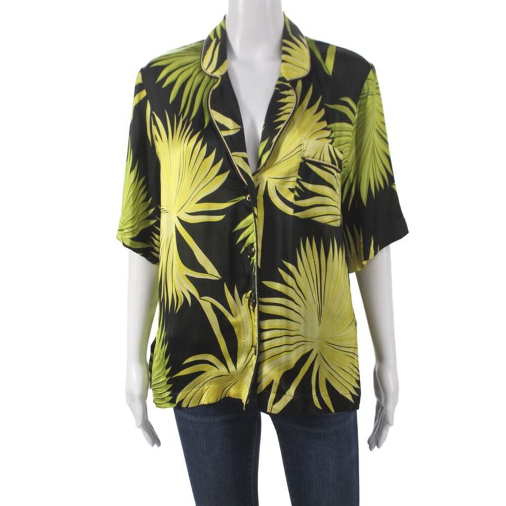 De La Vali Women Black Floral Kimono Button Up Short Sleeve Size 8